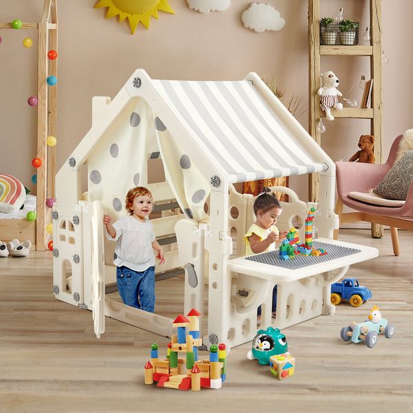 Kids Cubby House Playhouse Childrens Pretend Play Gym Cottage Cabin Activity Centre Toy Building Block Table Storage Box