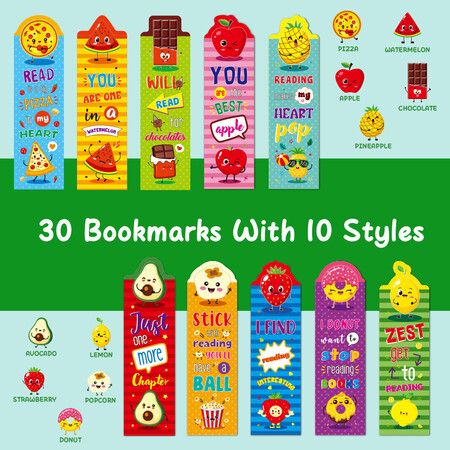 30 PCS Cartoon Animal Fruits Bookmarks Kid Page Clip Book Mark Card Cute Children's School Rewards Gift