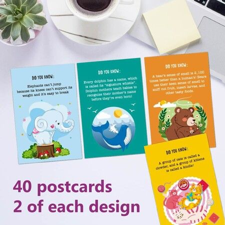 40 PCS Animal Fun Fact Postcards Bulk Pack Kids Students Friends Teachers Greeting Cards