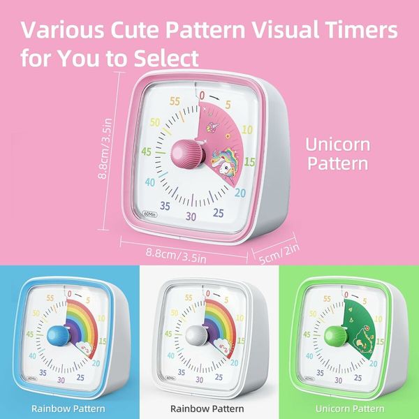 60-Minute Visual Timer with Night Light, Countdown Timer for Classroom Home Kitchen Office, Pomodoro Timer with Rainbow Pattern for Kids (Pink)