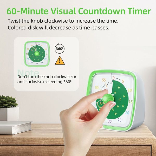 60-Minute Visual Timer with Night Light, Countdown Timer for Classroom Home Kitchen Office, Pomodoro Timer with Rainbow Pattern for Kids (Green)