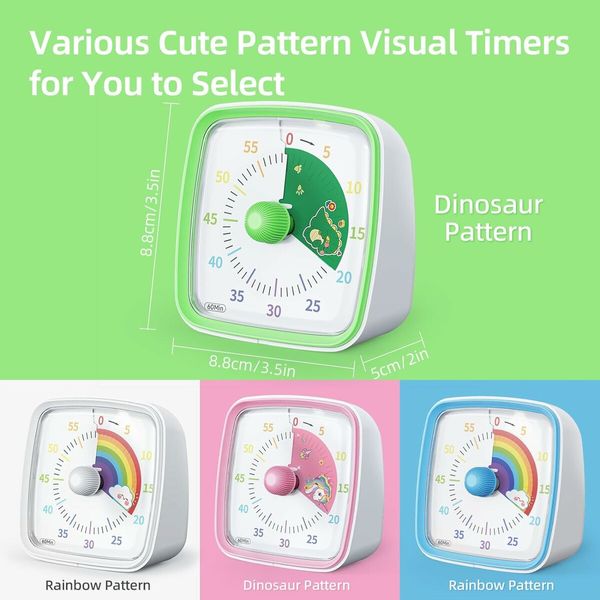 60-Minute Visual Timer with Night Light, Countdown Timer for Classroom Home Kitchen Office, Pomodoro Timer with Rainbow Pattern for Kids (Green)