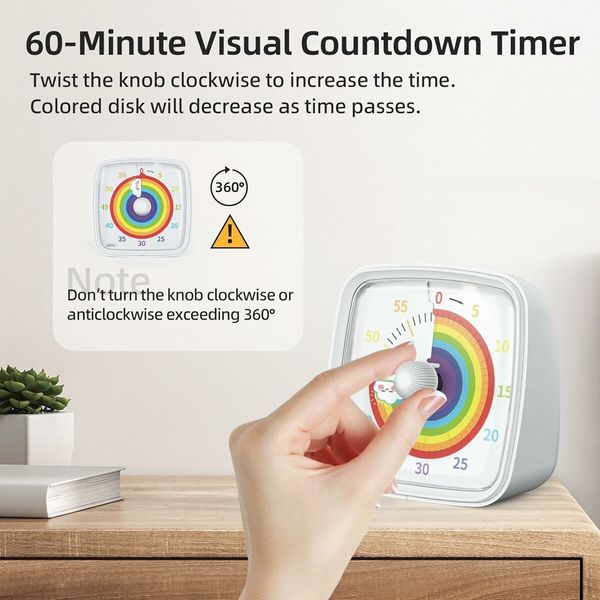 60-Minute Visual Timer with Night Light, Countdown Timer for Classroom Home Kitchen Office, Pomodoro Timer with Rainbow Pattern for Kids (White)