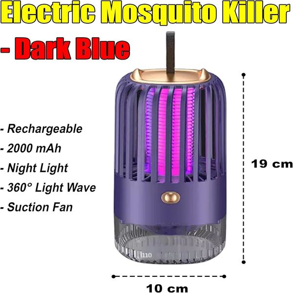 Electric Mosquito UV light Killer 2000mAh USB Powered for Indoor and Outdoor Quiet Turbine Bug Zapper Trap Dark Blue