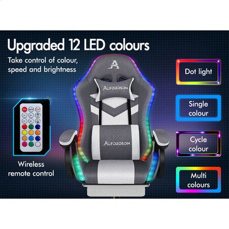 ALFORDSON LED Gaming Office Chair with 8-Point Massage Fabric Grey