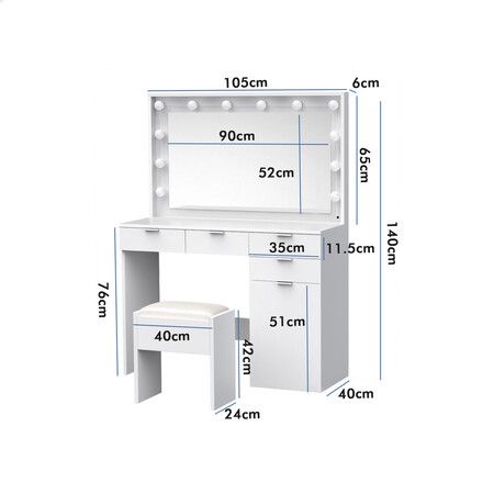 ALFORDSON Dressing Table Stool Set Makeup Mirror Desk 12 LED Bulbs White