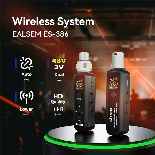 UHF Wireless Transmitter and Receiver System, for Dynamic and Condenser Microphone and Guitar, 25 Channels