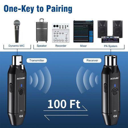 2.4G Wireless Microphone Audio Transmitter and Receiver System Plug on XLR Mic Adapter 6 Channels for Dynamic Mic, Audio Mixer, PA System, G6