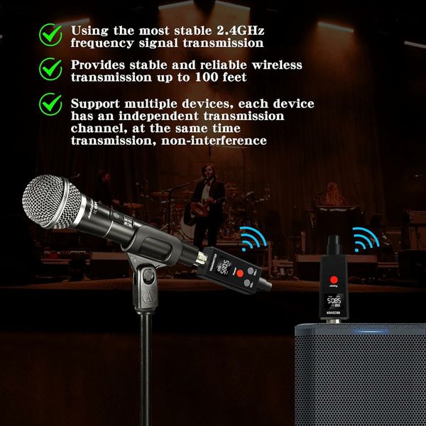 2.4GHz UHF Wireless Microphone System XLR Mic Adapter Wireless Transmitter and Receiver for Dynamic Microphone, Audio Mixer, PA System