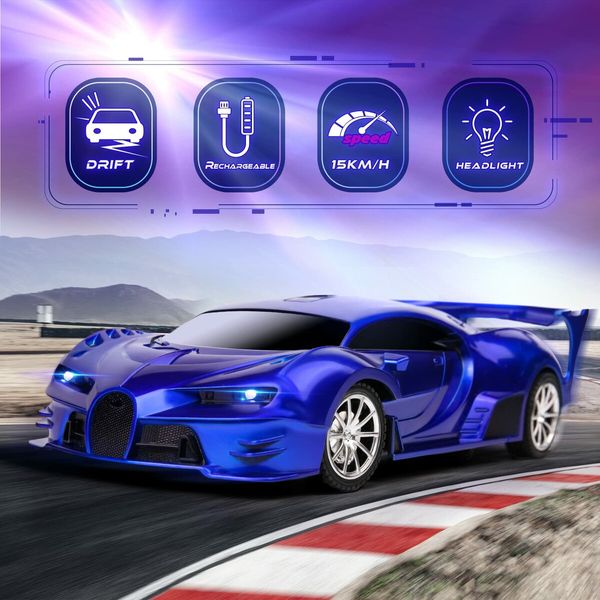 Remote Control Car 1/18 Rechargeable High Speed RC Cars Toys for Boys Girls Vehicle Racing Hobby with Headlight Xmas Birthday Gifts for Kids (Blue)