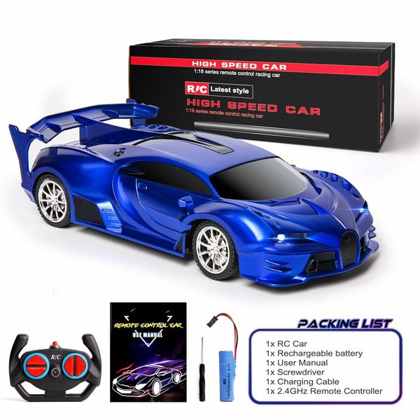 Remote Control Car 1/18 Rechargeable High Speed RC Cars Toys for Boys Girls Vehicle Racing Hobby with Headlight Xmas Birthday Gifts for Kids (Blue)