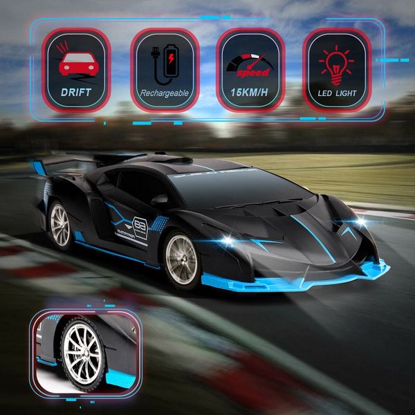 Remote Control Car 1/18 Rechargeable High Speed RC Cars Toys for Boys Girls Vehicle Racing Hobby with Headlight Xmas Birthday Gifts for Kids (Blue)