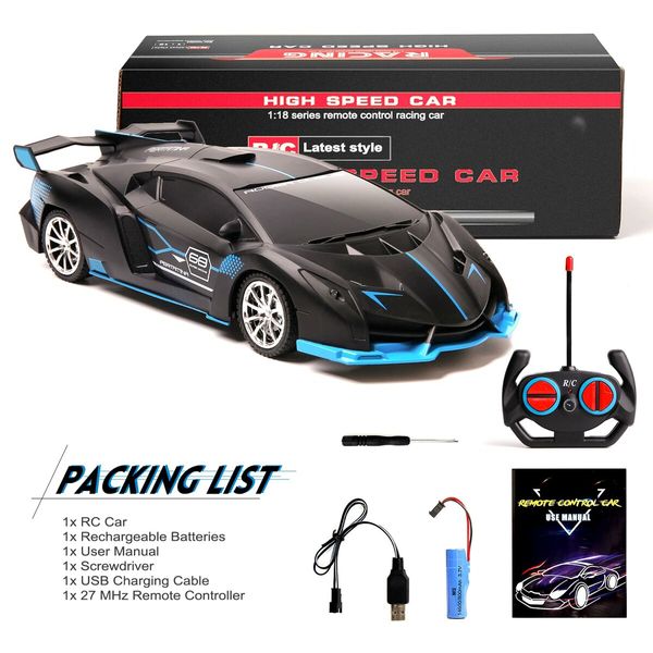 Remote Control Car 1/18 Rechargeable High Speed RC Cars Toys for Boys Girls Vehicle Racing Hobby with Headlight Xmas Birthday Gifts for Kids (Blue)