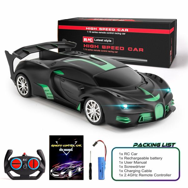 Remote Control Car 1/18 Rechargeable High Speed RC Cars Toys for Boys Girls Vehicle Racing Hobby with Headlight Xmas Birthday Gifts for Kids (Green)