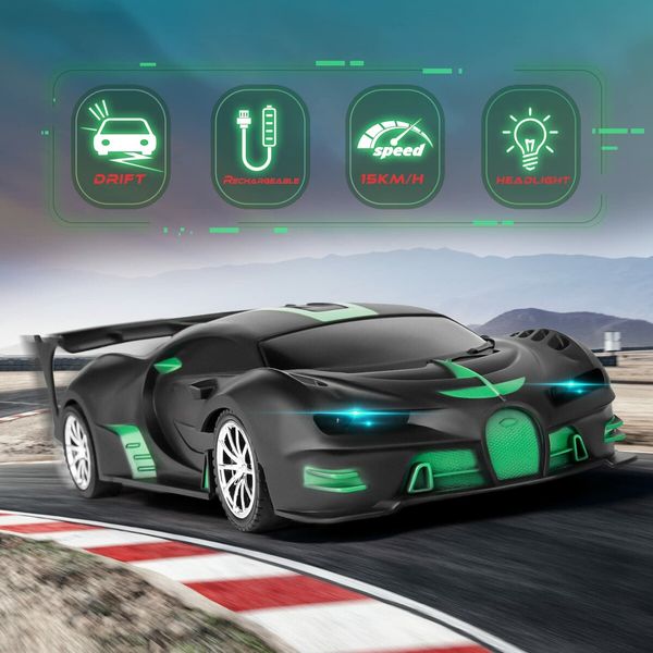 Remote Control Car 1/18 Rechargeable High Speed RC Cars Toys for Boys Girls Vehicle Racing Hobby with Headlight Xmas Birthday Gifts for Kids (Green)