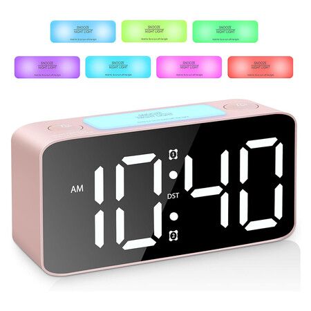 Super Loud Alarm Clock for Heavy Sleepers, RGB Digital Clock with 7 Color NightLight, Adjustable Volume, USB Charger, Teens (Pink+RGB)