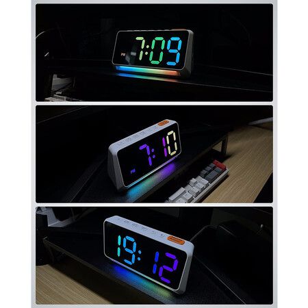 Super Loud Alarm Clock for Bedroom, Heavy Sleepers, Dynamic RGB Color Changing Clock for Teens, Kids, Small Bedside Digital Clock with LED Display, Atmosphere Light, USB Charger, White