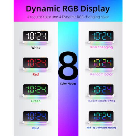 Super Loud Alarm Clock for Bedroom, Heavy Sleepers, Dynamic RGB Color Changing Clock for Teens, Kids, Small Bedside Digital Clock with LED Display, Atmosphere Light, USB Charger, White