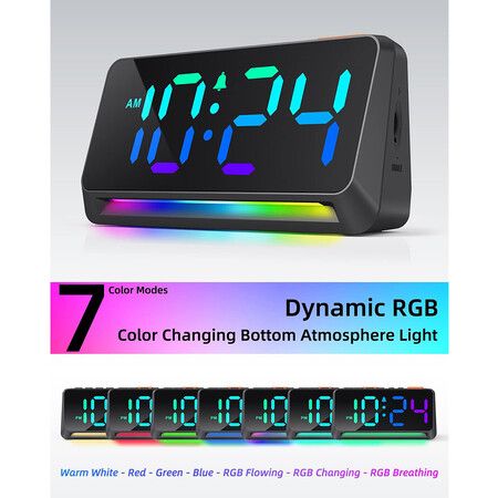 Super Loud Alarm Clock for Bedroom, Heavy Sleepers,Dynamic RGB Color Changing Clock for Teens, Kids, Small Bedside Digital Clock with LED Display, Atmosphere Light, USB Charger, Black