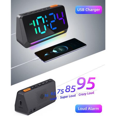 Super Loud Alarm Clock for Bedroom, Heavy Sleepers,Dynamic RGB Color Changing Clock for Teens, Kids, Small Bedside Digital Clock with LED Display, Atmosphere Light, USB Charger, Black