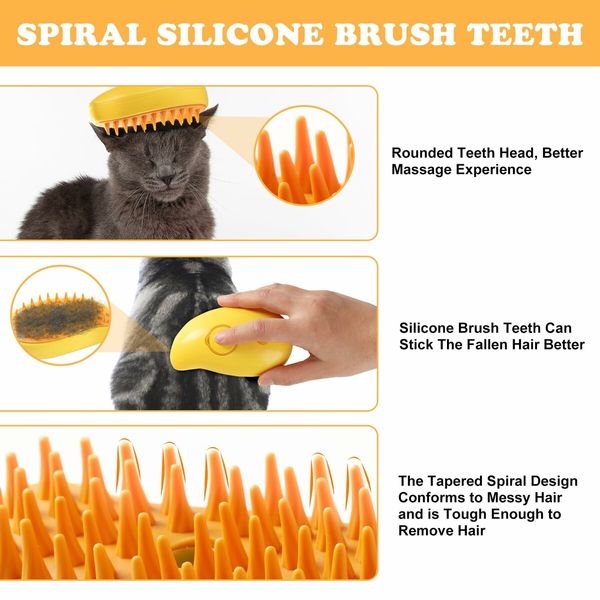 Steamy Cat Brush, 3 In1 Spray Cat Brush,Self Cleaning Cat Steamy Brush for Massage Removing Tangled and Loosse Hair (Yellow)