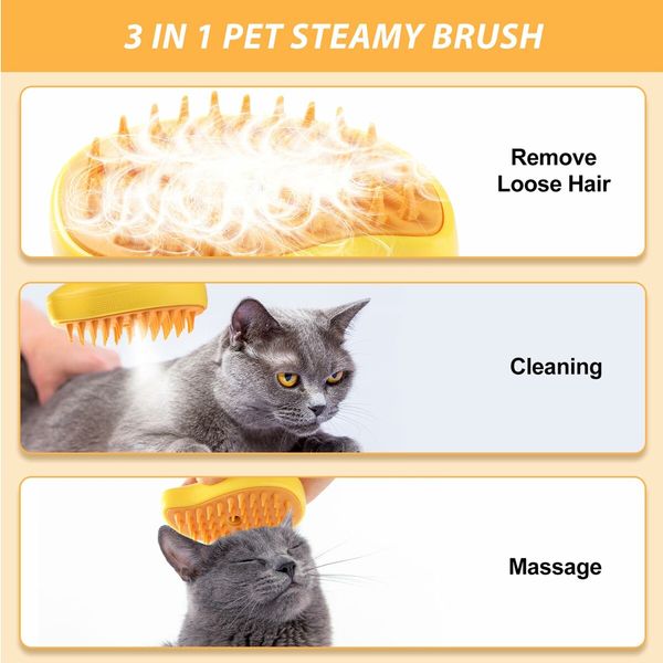 Steamy Cat Brush, 3 In1 Spray Cat Brush,Self Cleaning Cat Steamy Brush for Massage Removing Tangled and Loosse Hair (Yellow)