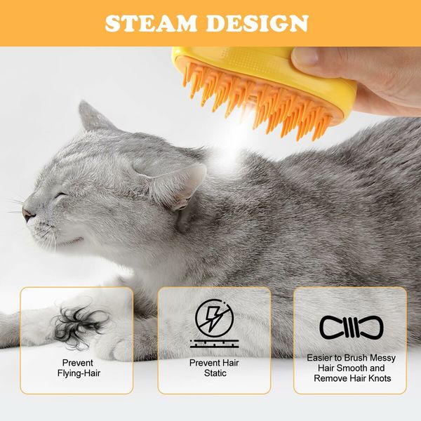 Steamy Cat Brush, 3 In1 Spray Cat Brush,Self Cleaning Cat Steamy Brush for Massage Removing Tangled and Loosse Hair (Yellow)