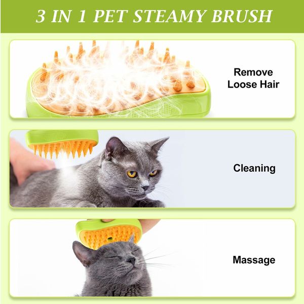 Steamy Cat Brush, 3 In1 Spray Cat Brush,Self Cleaning Cat Steamy Brush for Massage Removing Tangled and Loosse Hair (Green)