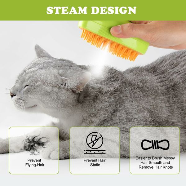 Steamy Cat Brush, 3 In1 Spray Cat Brush,Self Cleaning Cat Steamy Brush for Massage Removing Tangled and Loosse Hair (Green)