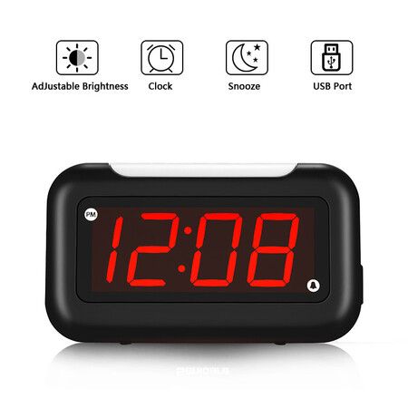 Large Digital Alarm Clock, Big Numbers for Seniors and Visually Impaired, Red Digits, USB Charging Port, Adjustable Volume, Dimmable, Snooze, Alarm Clock for Bedrooms, Kids, Heavy Sleepers