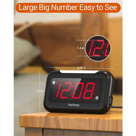 Large Digital Alarm Clock, Big Numbers for Seniors and Visually Impaired, Red Digits, USB Charging Port, Adjustable Volume, Dimmable, Snooze, Alarm Clock for Bedrooms, Kids, Heavy Sleepers