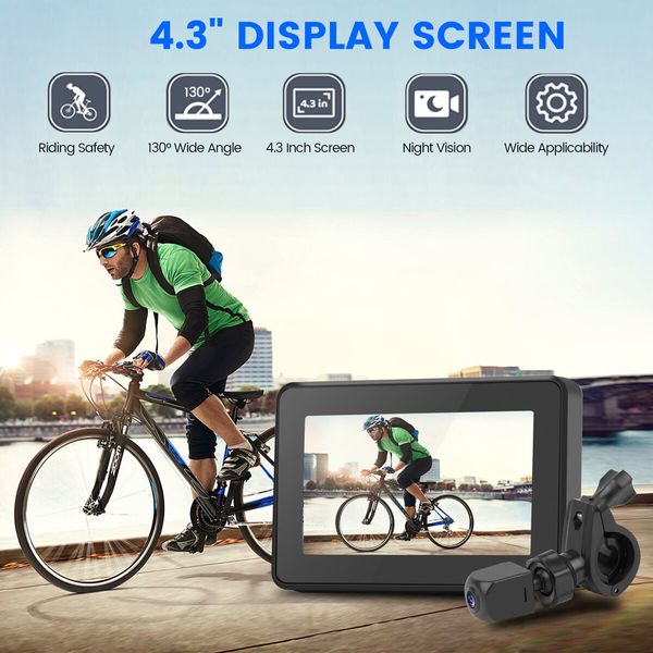 Bike Camera Rechargeable Battery - Color Night Vision 3 Mins Easy Installation Wide View Handlebar 4.3in HD 1080P Monitor Bicycle Rear View Camera for Mountain Bike