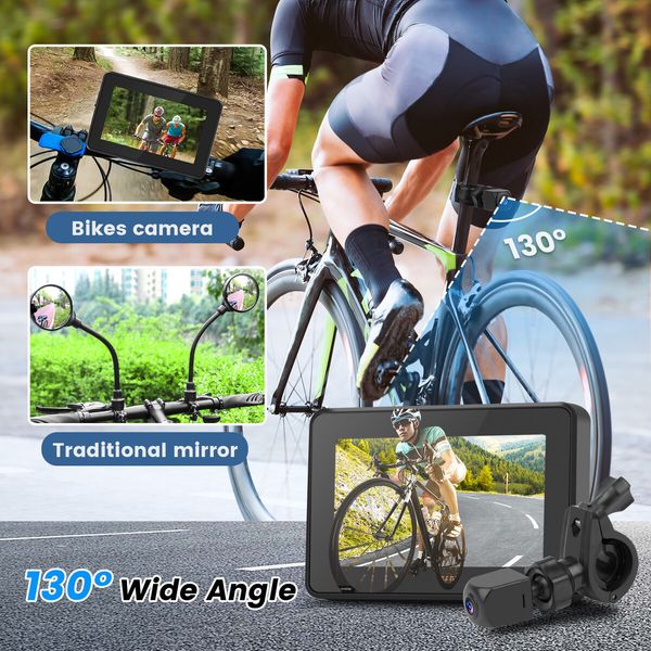 Bike Camera Rechargeable Battery - Color Night Vision 3 Mins Easy Installation Wide View Handlebar 4.3in HD 1080P Monitor Bicycle Rear View Camera for Mountain Bike