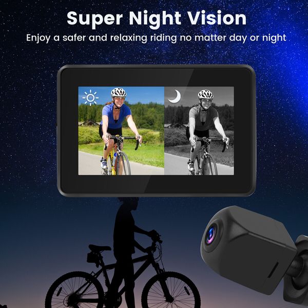 Bike Camera Rechargeable Battery - Color Night Vision 3 Mins Easy Installation Wide View Handlebar 4.3in HD 1080P Monitor Bicycle Rear View Camera for Mountain Bike