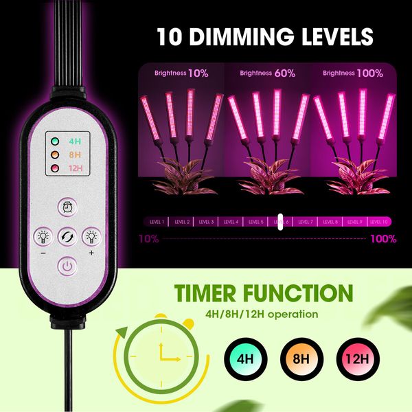 LED Plant Grow Light Full Spectrum Indoor Flower Growing Lamp 4 Heads 420 LEDs Rotatable Adjustable Tripod Stand Auto Timer