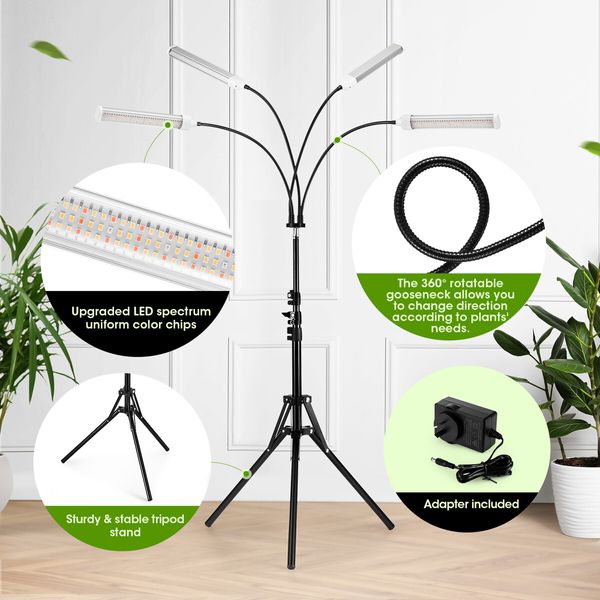 LED Plant Grow Light Full Spectrum Indoor Flower Growing Lamp 4 Heads 420 LEDs Rotatable Adjustable Tripod Stand Auto Timer