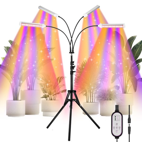 LED Plant Grow Light Full Spectrum Indoor Flower Growing Lamp 4 Heads 420 LEDs Rotatable Adjustable Tripod Stand Auto Timer