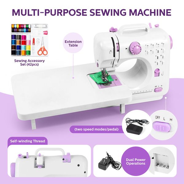 Mini Sewing Machine Electric Reverse Stitching Portable Mending Kit for Beginners 12 Stitch Patterns Extension Table