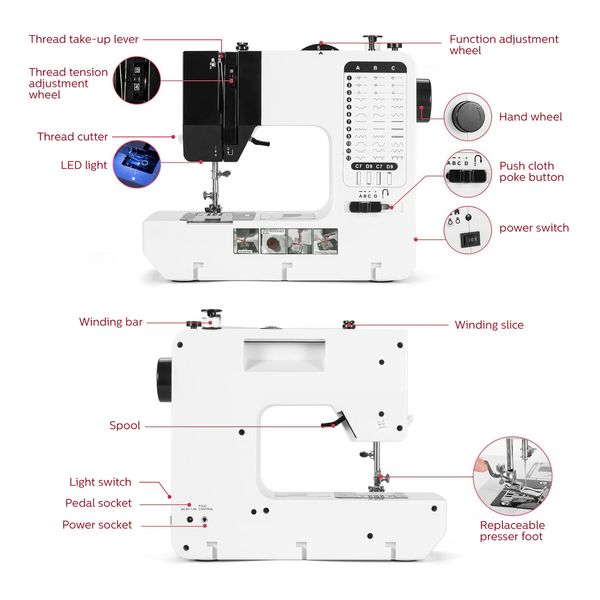 Mini Sewing Machine Electric Reverse Stitching Kit Portable Compact Mending for Beginners 38 Stitch Patterns Extension Table