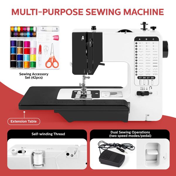 Mini Sewing Machine Electric Reverse Stitching Kit Portable Compact Mending for Beginners 38 Stitch Patterns Extension Table