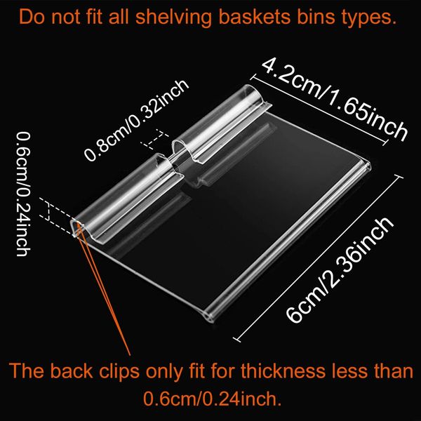 Basket Labels Clip On,50PCS Clear Plastic Bin Clip Labels for Baskets,Wire Shelf Price Labels,Labels for Storage Bins,Merchandise Sign Display Holder,50PCS 6X4CM Label Inserts Included