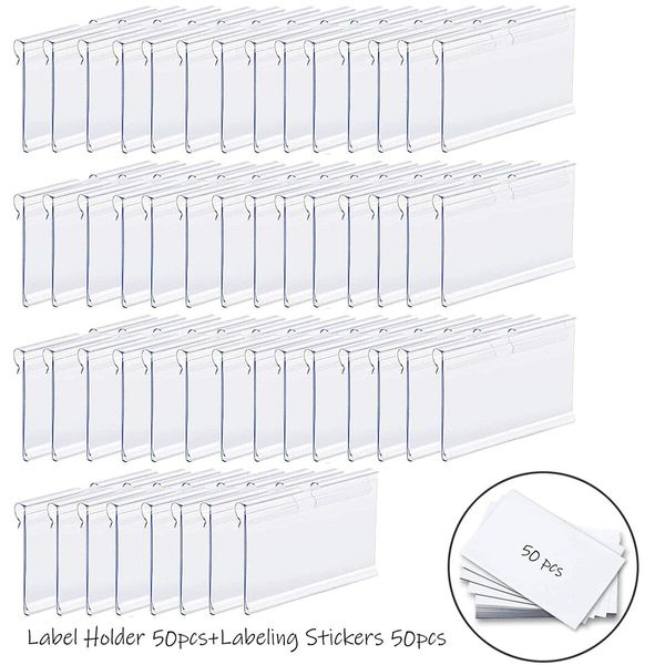 Basket Labels Clip On,50PCS Clear Plastic Bin Clip Labels for Baskets,Wire Shelf Price Labels,Labels for Storage Bins,Merchandise Sign Display Holder,50PCS 6X4CM Label Inserts Included