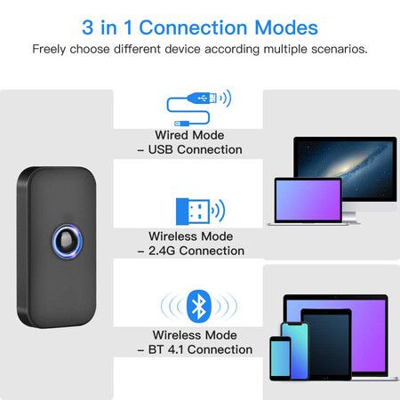 Mini 1D Bluetooth Barcode Scanner,3-in-1 Bluetooth & USB Wired & 2.4G Wireless Barcode Reader Portable Bar Code Scanning Work with Windows,Android,iOS,Tablets or Computers