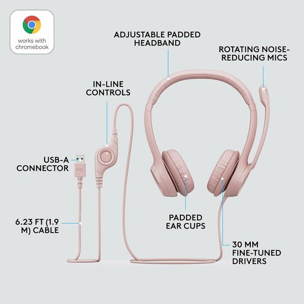 H390 Wired Headset for PC Laptop,  Stereo Headphones with Noise Cancelling Microphone,  Pink