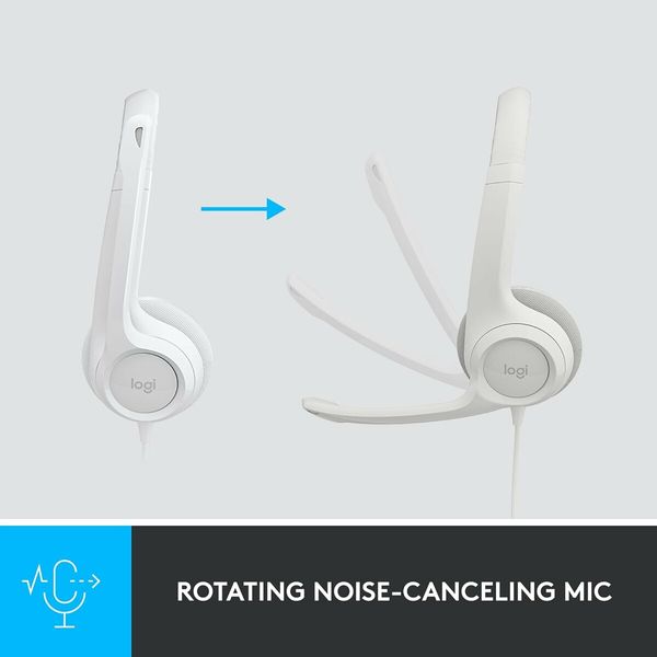 H390 Wired Headset for PC Laptop,  Stereo Headphones with Noise Cancelling Microphone, White