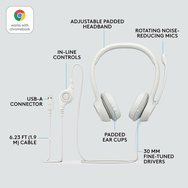H390 Wired Headset for PC Laptop,  Stereo Headphones with Noise Cancelling Microphone, White