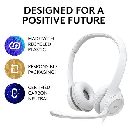 H390 Wired Headset for PC Laptop,  Stereo Headphones with Noise Cancelling Microphone, White
