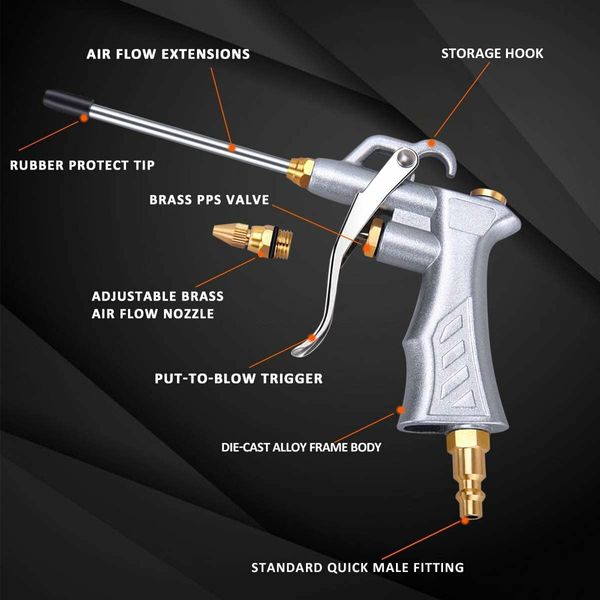 Industrial Air Blow Gun with Brass Adjustable Air Flow Nozzle and 2 Steel Air flow Extension, Pneumatic Air Compressor Accessory Tool Dust Cleaning Air Blower Gun, 1 Pack