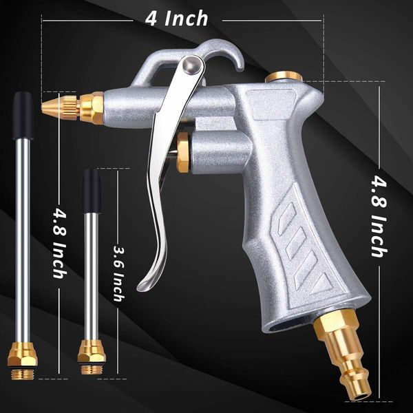 Industrial Air Blow Gun with Brass Adjustable Air Flow Nozzle and 2 Steel Air flow Extension, Pneumatic Air Compressor Accessory Tool Dust Cleaning Air Blower Gun, 1 Pack