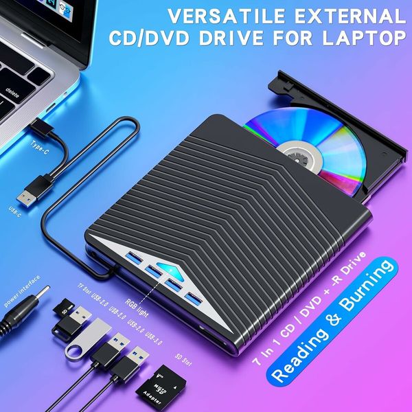 External CD DVD Drive 7 in 1 CD/DVD Burner USB 3.0 with 4 USB Ports and 2 TF/SD Card Slots Optical Disk Drive for Laptop Mac, Compatible with PC Windows /10/8/7 Linux OS